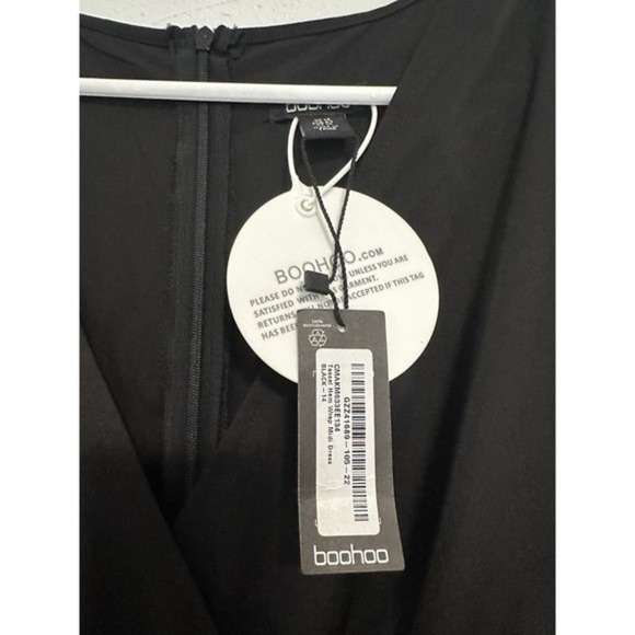 Boohoo Black Satin Long Sleeve Fringe Wrap Maxi Dress UK 14 US 10 - Picture 12 of 12